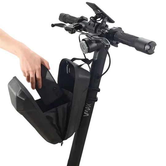 VMAX Electric Scooter Bag - Attached to scooter view, bag open